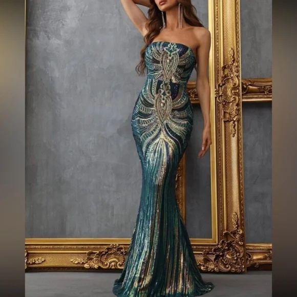 Luxe Sequin Strapless Zipper Formal Evening Party Prom Wedding Dress - Picture 10 of 12